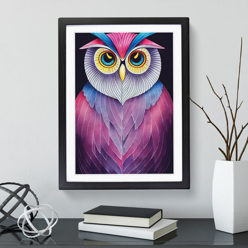 XV1022-5171X Watercolour Owl No.6 Abstract - Single Picture Frame Painting, Black, 64cm H x 46cm W x 2cm D