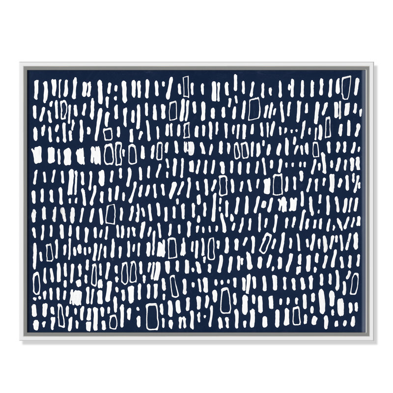 Tribal code-bleu marine-, peinture sur toile, Cadre blanc, H 12 po x l 16 po x P 2 po