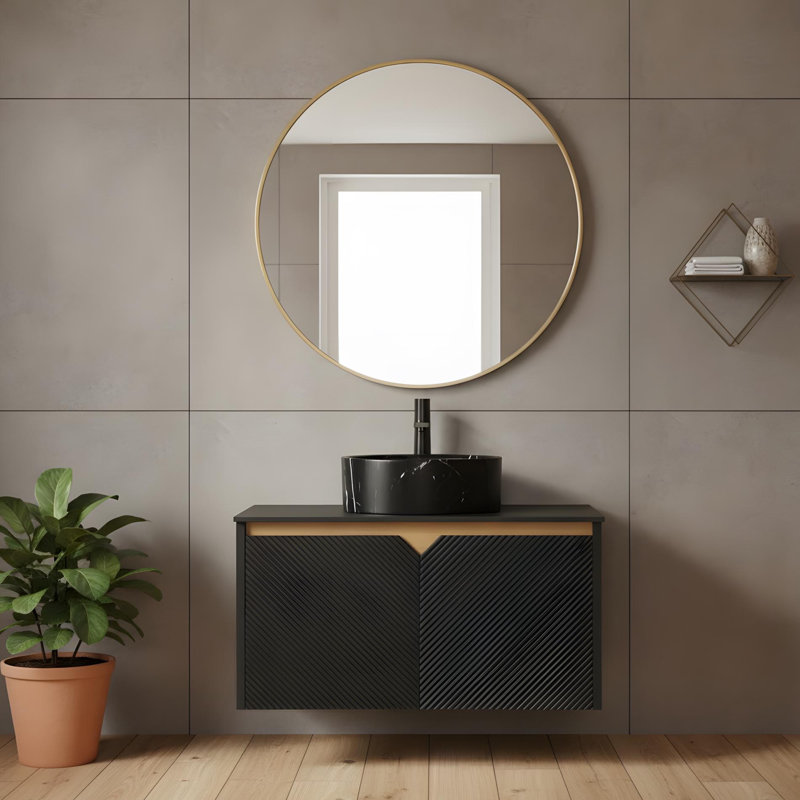 Meuble-lavabo mural 30 po avec portes doubles et vasque ronde en céramique noire, 30"
