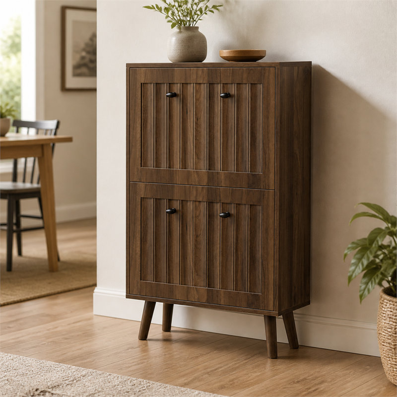Armoire à chaussures verticale rainurée, rangement double et pieds en bois