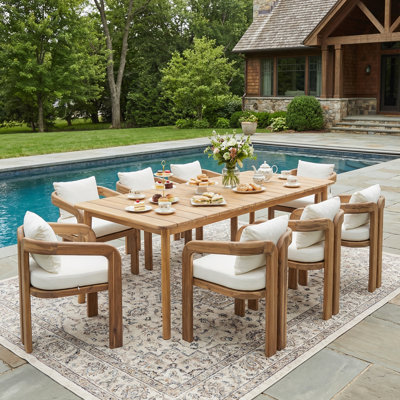 Ensemble repas d'extérieur en bois d'acacia biologique Sierra avec fauteuils rembourrés et table à lattes rectangulaire