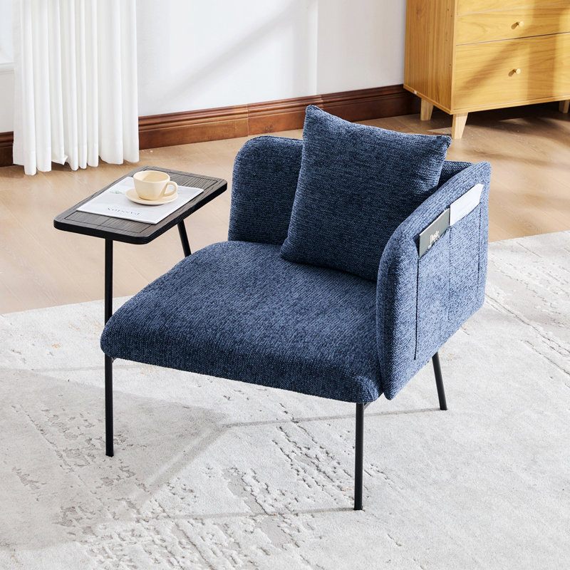 Chaise d'appoint avec petite table et coussin de dossier, chaise rembourrée avec pieds en métal et poche latérale, Marine