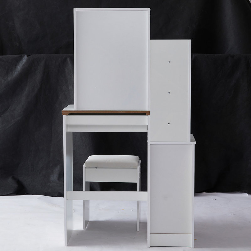 Vanity Desk, 29.2" Small Space Left Bedside Cabinet Vanity Table , Cushioned Stool, Extra Large Right Sliding Mirror, Multi Layer High Capacity Storage, Practical Fashionable Dresser, Suitable For Small Space
