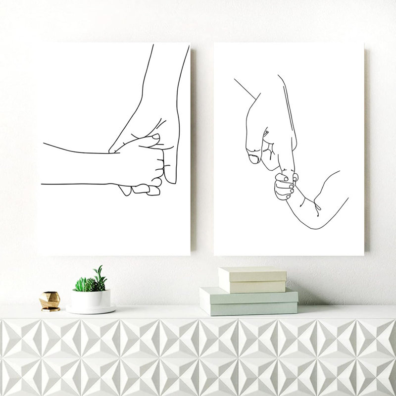 Mom & Baby Hands Line Art Prints Fashion Women Art Print Newborn Gifts Line Prints for Wall Decor Black And White Line Art Wall Decor Family Love Canvas Wall Art for Nursery Kids Room Decor Wrapped Canvas