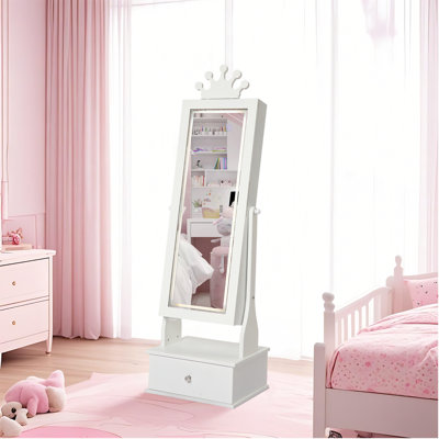 Armoire à bijoux pour enfants avec miroir à DEL pleine longueur, armoire de rangement pour bijoux autoportante