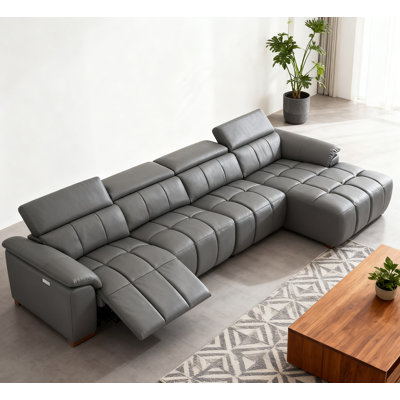 4 Seats Wall-Hugger Reclining Sofa Modern Electric Control Genuine Leather L Shaped Couch,Lounge Seat Theater Seating Furniture with USB Port, Sofa with Headrest & Footrest for Living Room,Apartment