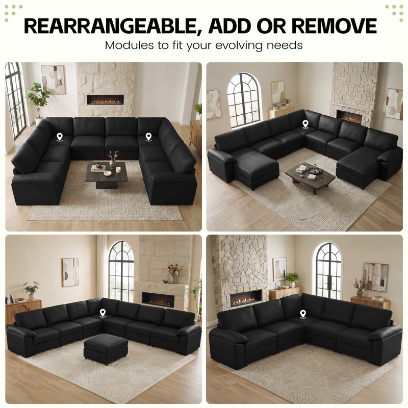 Canapé modulaire moderne avec repose-pieds en cuir de polyuréthane Marybelle Marybelle, Black Faux Leather