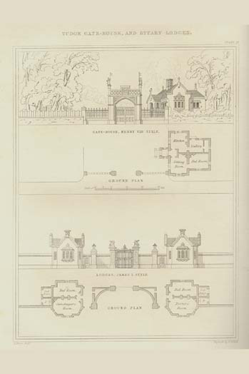 Tudor Gate House and Stuart Lodges - impression d'art graphique, H 36 po x l 24 po x P 1,5 po
