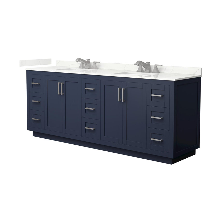 Miranda 84" Freestanding Double Bathroom Vanity with Quartz Top, Dark Blue, Giotto Quartz, Brushed Nickel
