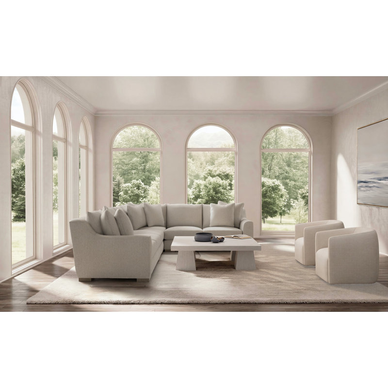 Gabi 5-Piece Fabric Sectional, 35" H x  140" W x 110" D, White Polyester, Right Hand Facing
