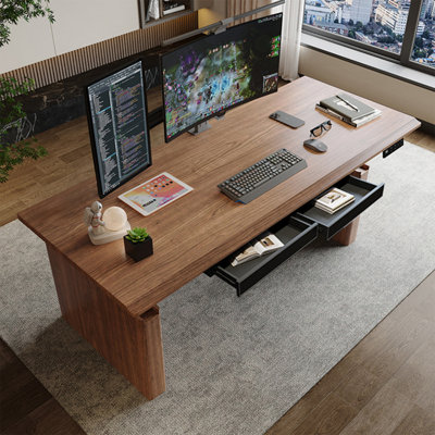 Nut-brown Rectangular Hight adjustable Solid Wood + Cold Rolled Steel with 2 drawers desk