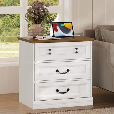 23.6" Large Farmhouse End Table with 3 Drawers for Living Room, Farmhouse Side Table with Storage, Wooden Nightstand with Power Outlet, Square Bedside Table for Bed Room