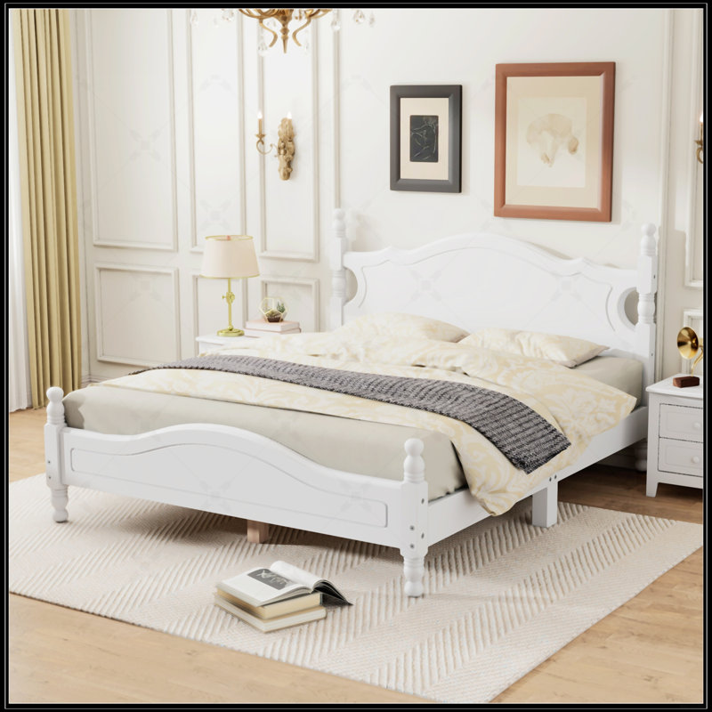 Lit plateforme de style rétro avec support en lattes de bois, Blanc, Grand lit