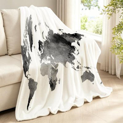 Black Ultra Soft Flannel Fleece Throw Blanket,and White Vintage Map of Single-Sided Print