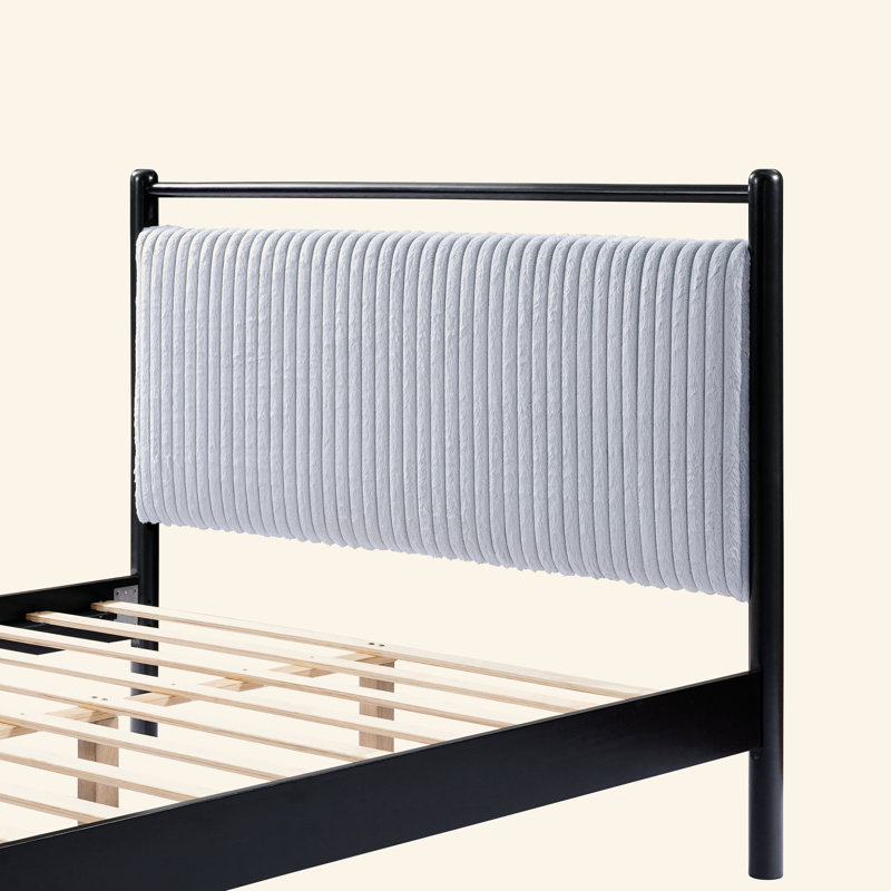 Structure de lit double en bois avec tête de lit moelleuse, cadre gris et noir, Lit double