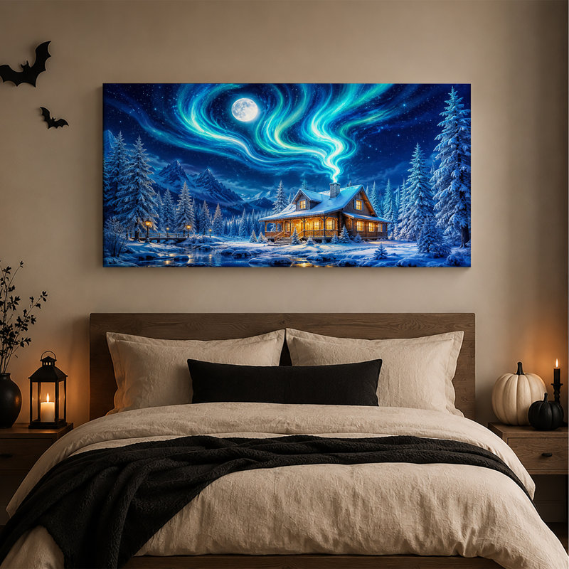 Cabane en bois rond enneigée dans les montagnes sous une aurore boréale bleue - Toile murale d'Halloween, L 32 po x H 16 po