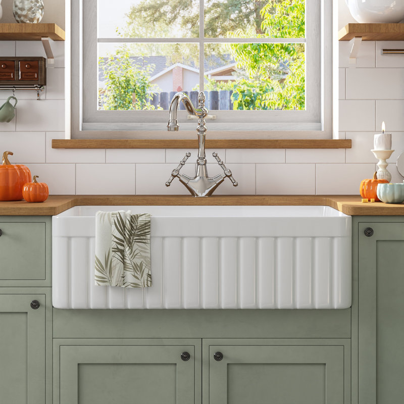 Solstice 33" L x 18" W Fireclay Farmhouse Kitchen Sink with Sink Grid and Basket Strainer, White