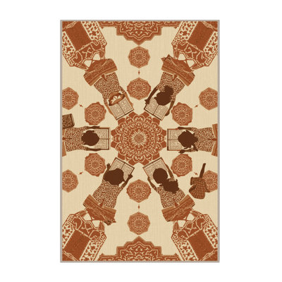 Tapis d'inspiration mondiale beige lavable à la machine Patrizius