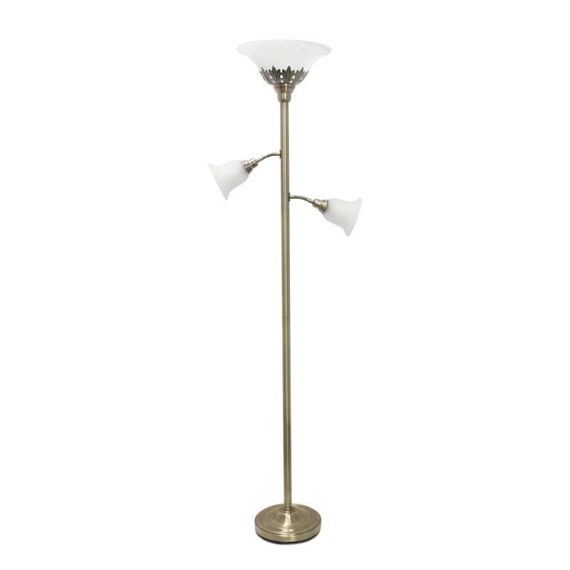 Antique Brass Finish 3-Light Floor Lamp with White Scalloped Glass Shades
