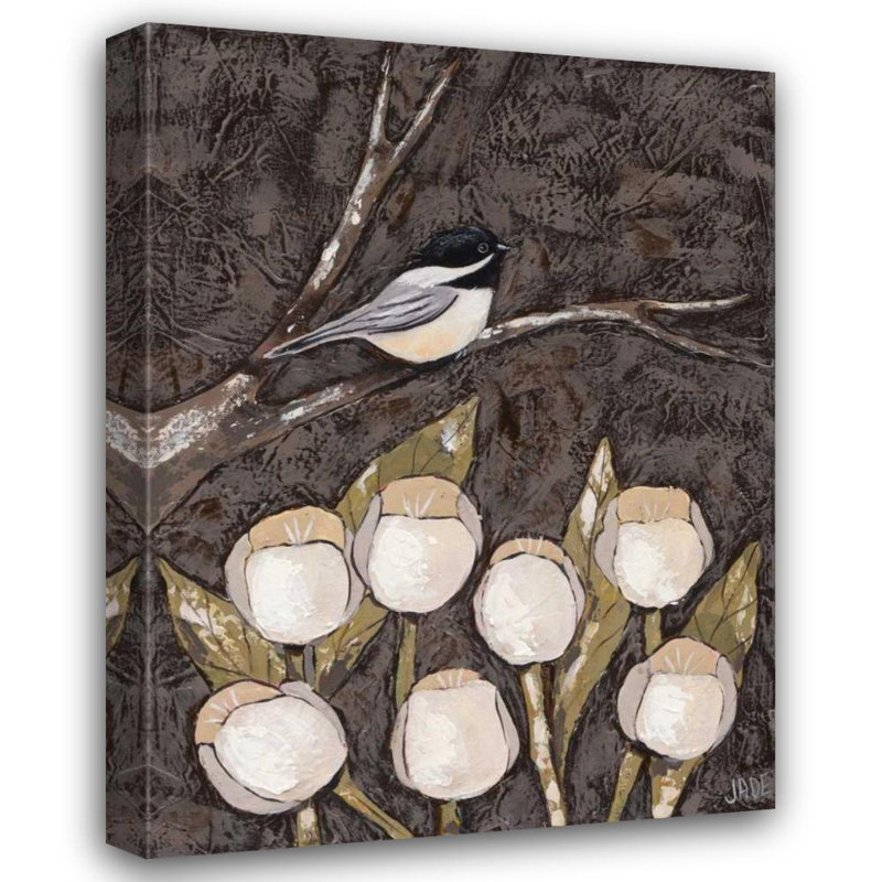«Red Barrel Studio® Reynolds, Jade», art sur toile tendue: Mésange et tulipes I, H 47 po x l 36 po