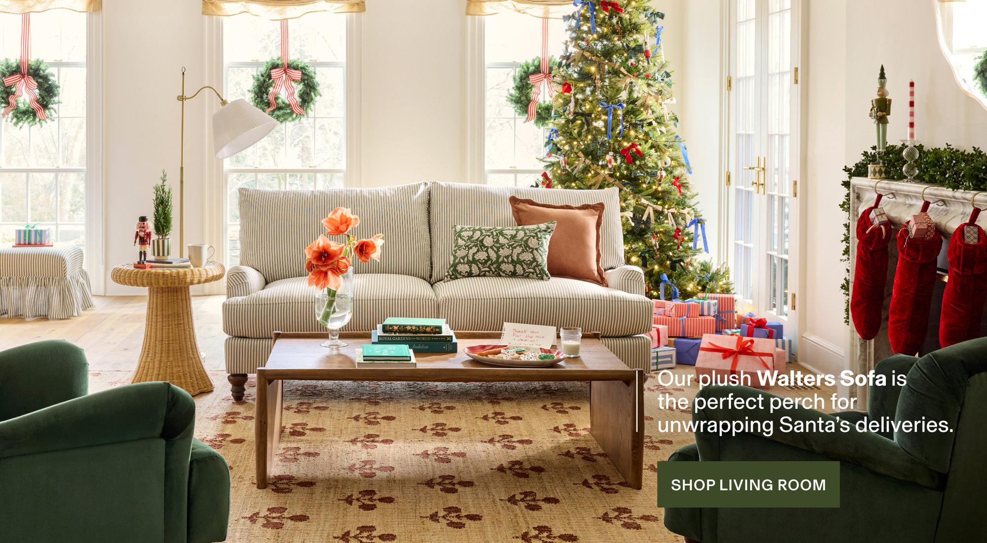 Our plush Walters Sofa is the perfect perch for unwrapping Santa's deliveries. Shop Living Room.