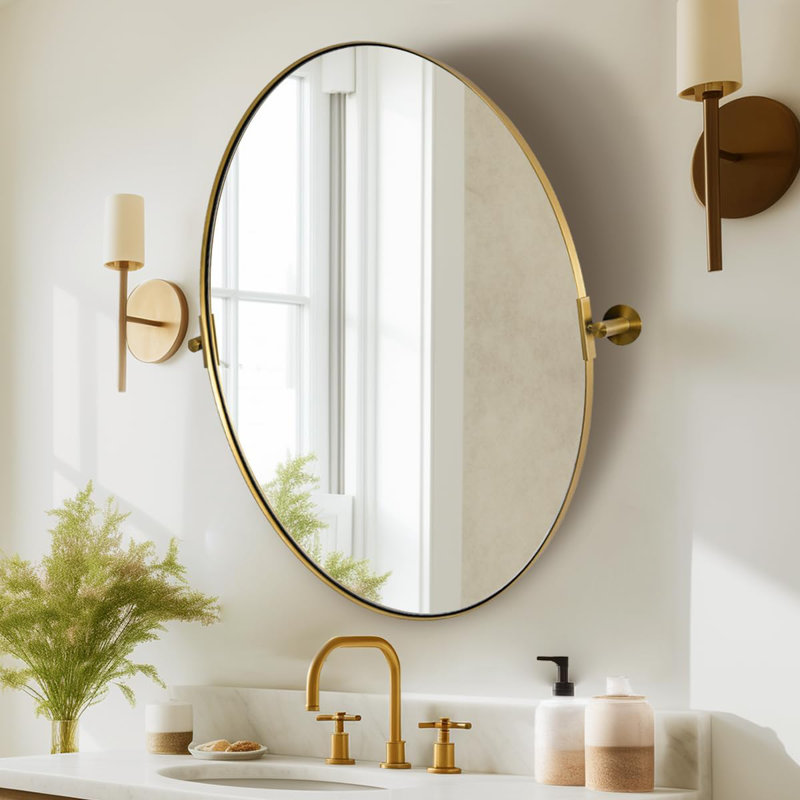 Tilting Oval Bathroom Vanity Wall Mirror | Adjustable Pivot Stainless Steel Frame, 34" x 22", Brushed Gold