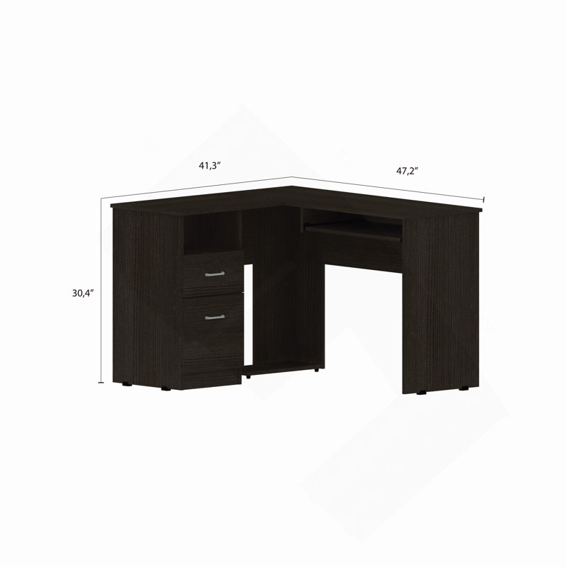 Mix L-Shaped Desk, Keyboard Tray, Two Drawers, Single Open Shelf -Black, Black