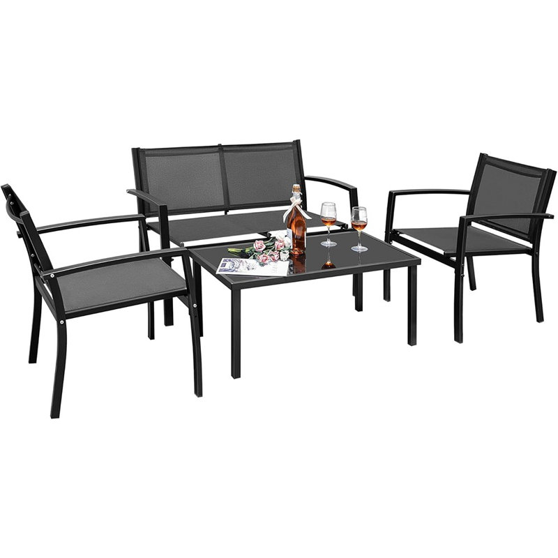 Ensemble de conversation pour terrasse moderne d'extérieur - bistro noir PVC-coated polyester avec causeuse et table à thé