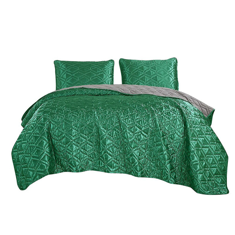 3 Piece Green & Grey Geometric Reversible Quilt Coverlet Bedspread Bedding Set, King Quilt + 2 Standard Shams