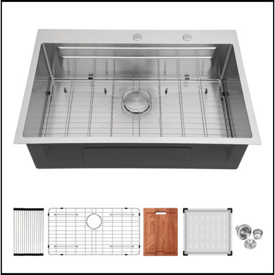 33" Drop In Kitchen Sink - 33*22 Inch Kitchen Sink Drop-In Topmount Single Bowl 16 Gauge Stainless Steel Ledge Workstation Kitchen Sinks