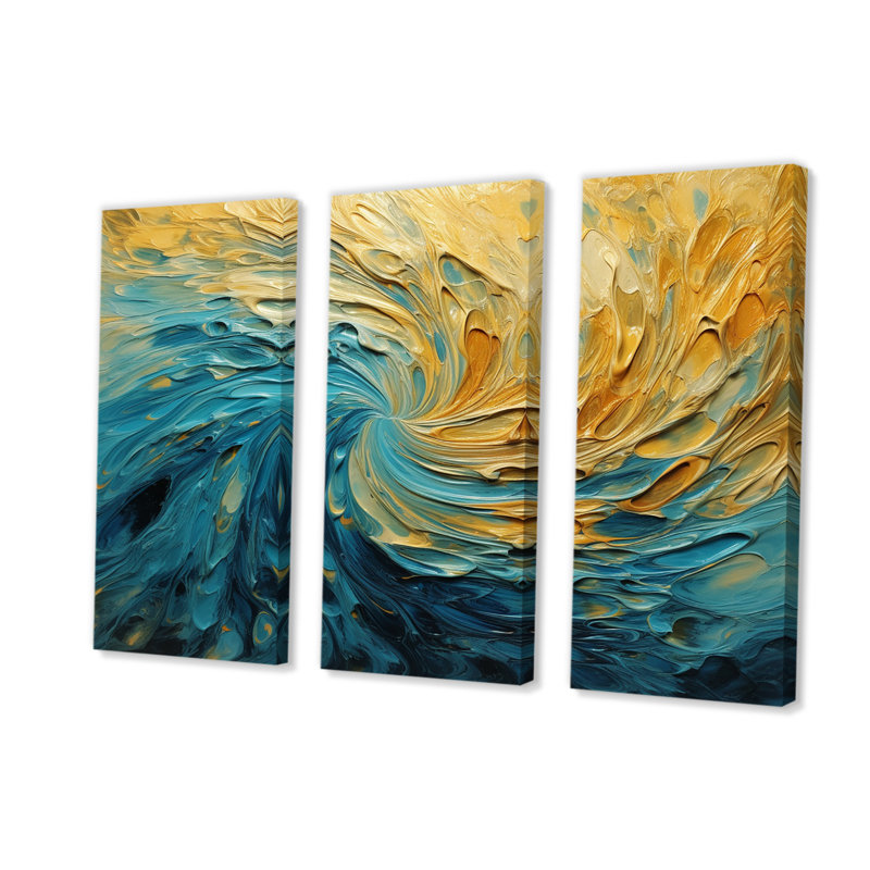 «Golden Ocean Swirling Waves», peinture 3 pièces, H 28 po x l 36 po x P 1 po