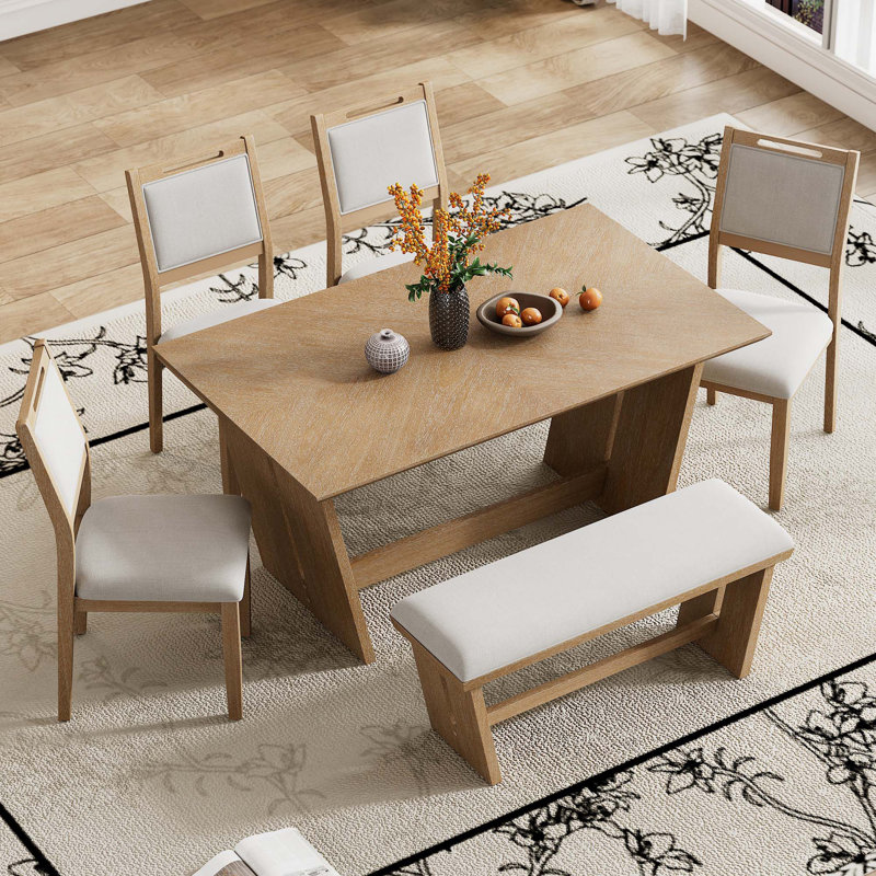 Ensemble de table de salle à manger 6 pièces pour 6 personnes, Gris / bois naturel délavé, Gris / bois naturel délavé
