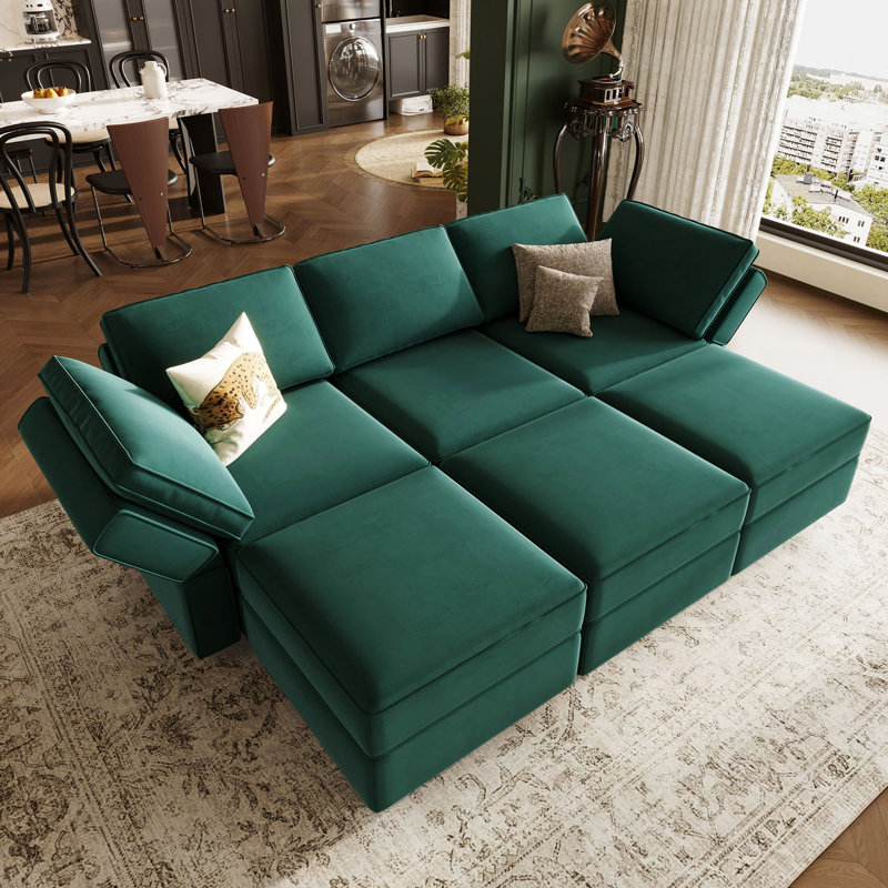 Canapé-lit modulaire en velours Teangela, Velours vert