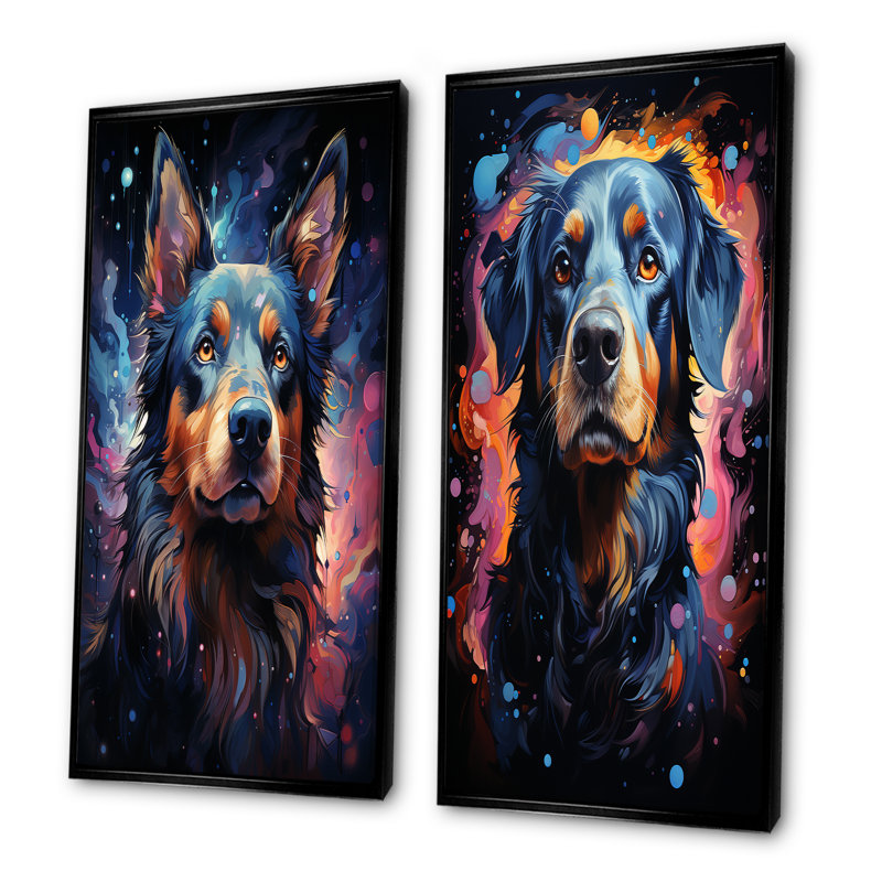 Cosmic Dog Constellations I - ensemble de 2 reproductions d'art mural, Cadre flottant noir, H 28 po x l 25 po