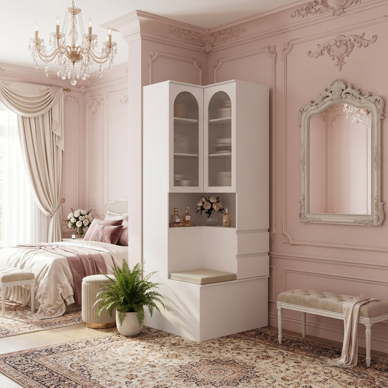 78.7" Floor-To-Ceiling Display Cabinet: Frosted Ribbed Glass, Removable Cushion & Styled Drawers