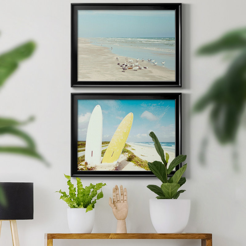 Padre Island Shore Birds - Ensemble de 2 reproductions d'art sur toile encadrées, H 26,5 po x l 73 po x P 1,5 po, Noir, Blanc