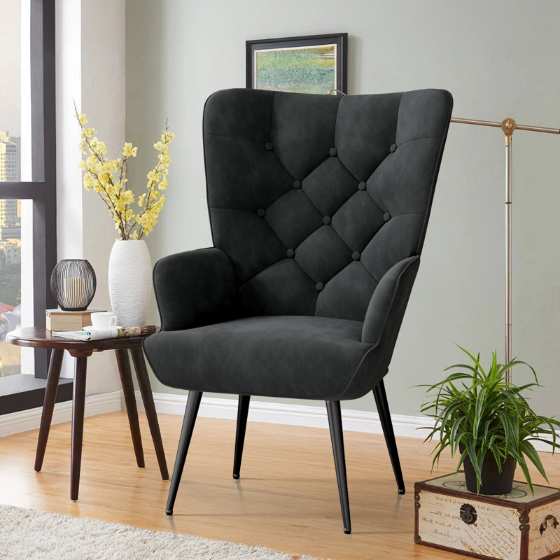 Bastoam 50Cm Wide Tufted Velvet Wingback Chair, Black, 1