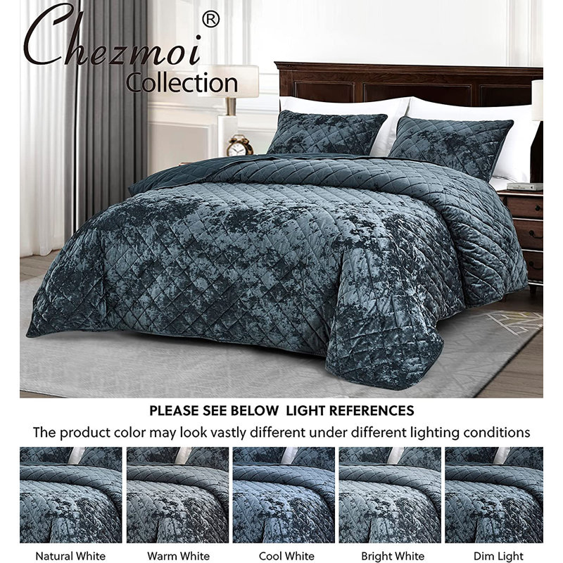 Diamond Stitch Reversible Plush Distressed Velvet Quilt Set, King Quilt + 2 King Shams, Storm Blue