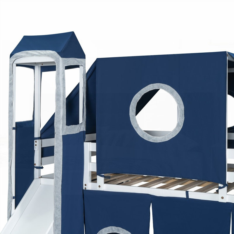 Lit mezzanine double avec tente et tour - Lit bleu durable (aucun sommier requis), Bleu, Lit double