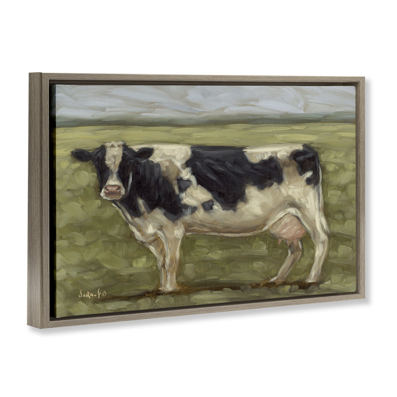  «Painterly Cow on Farm», toile flottante encadrée par Sara G. Designs, H 17 po x l 25 po, Cadre flottant orme Montalcino