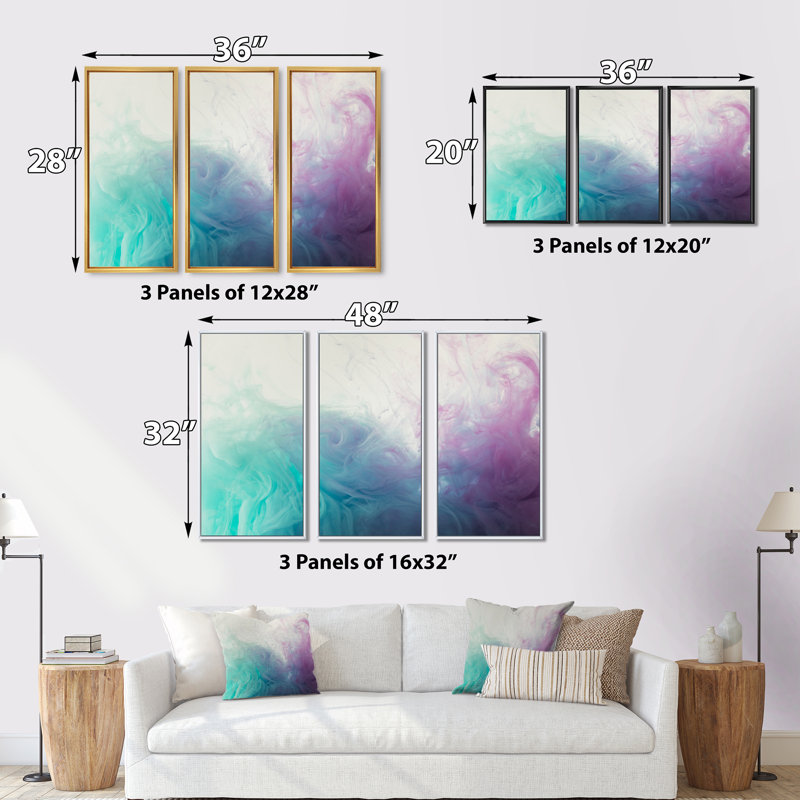 «Cyan, Blue and Pink water in Ink Composition», ensemble de 3 reproductions encadrées sur toile, H 28 po x l 36 po x P 1 po