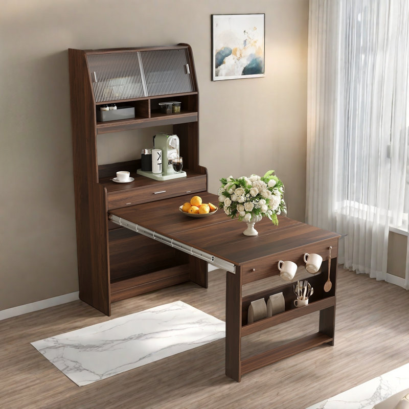 Buffet With Hutch And Foldable Dining Table, Storage Shelves, Side Hooks And A Cabinet With Sliding Doors, Walnut