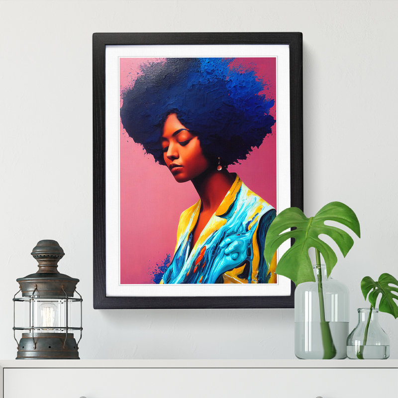 FRM-V0523-2939X Woman With Afro Paint Pouring - Single Picture Frame Print, Black, 46cm H x 34cm W x 2cm D