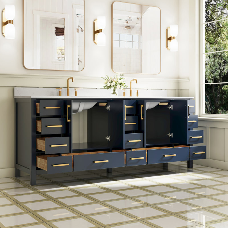 Meuble-lavabo autoportant en bois massif l 84 po x H 35 po avec comptoir en marbre de culture blanc de Carrare et double lavabo en céramique, bleu marine