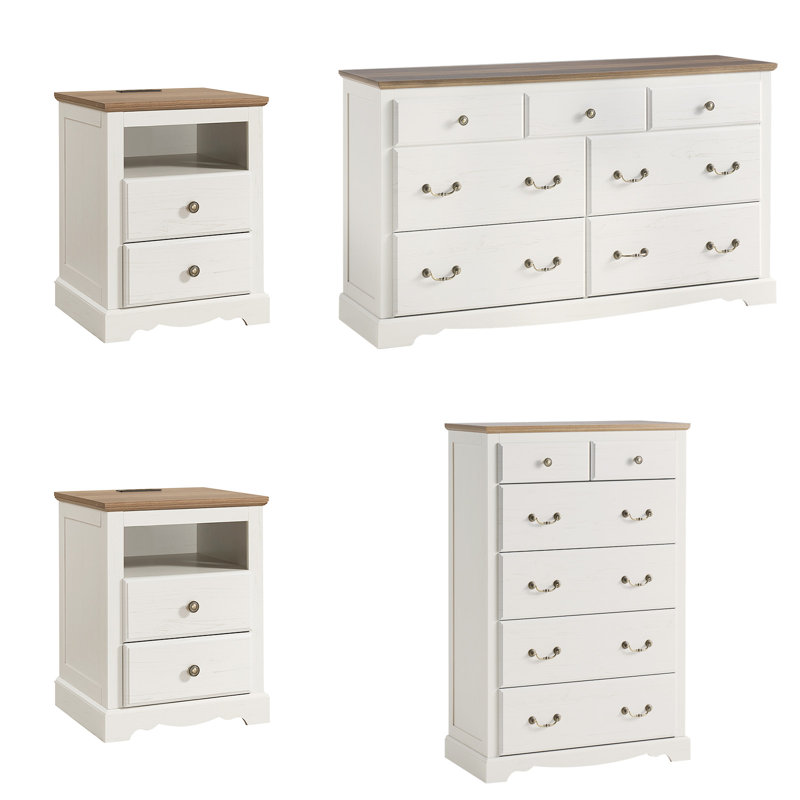 Farmhouse & Traditional 4 Piece Bedroom Cabinet Set, White