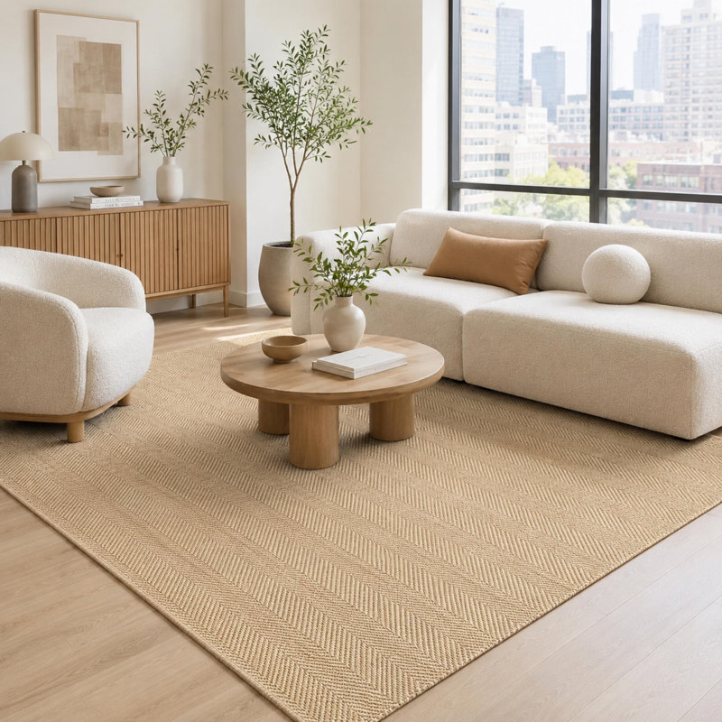 Tapis beige texturé tissé à plat en polypropylène tissé à la machine, Medium — 5'3" x 7'7"