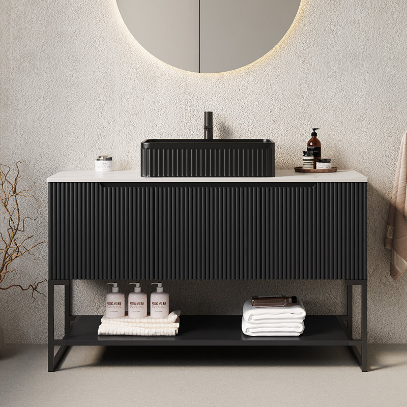 Tulio 48"Striped Bathroom Vanity With Vessel Sink, Freestanding Bathroom Storage Cabinet With Three Doors And One Open Shelf, Black Rectangular Ceramic Basin And Carrara White Sintered Stone Counter Top, Black