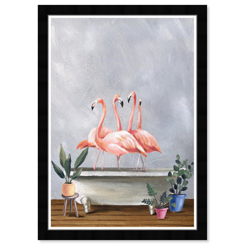 «Animals Flamingo Bath Birds» - Reproduction d'art graphique sur papier encadré
