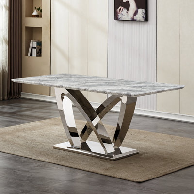 70" Marble Dining Table, Stainless Steel Base, Polished Edges, Contemporary Kitchens