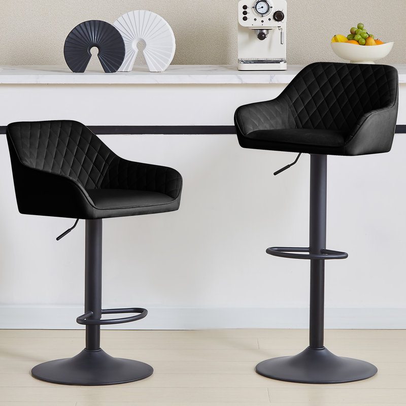 Velvet Height Adjustable Swivel Upholstered Bar Stools, Black